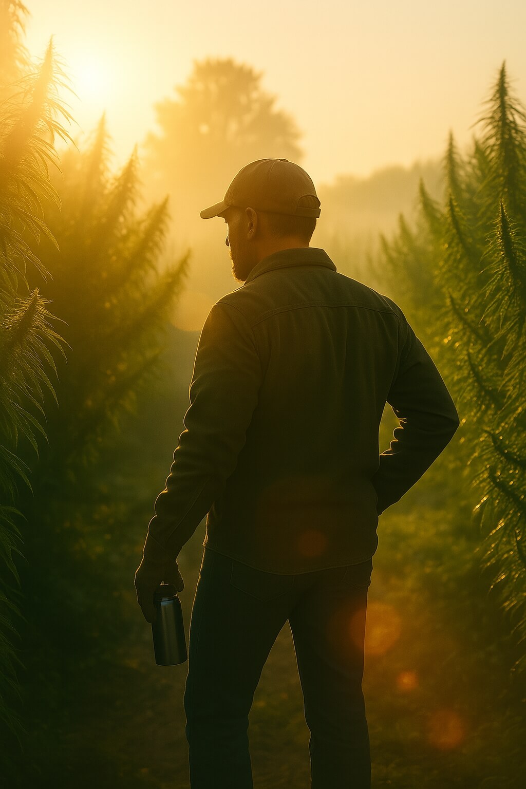 Farmer standing in Oregon hemp field at sunrise, surrounded by tall hemp plants.