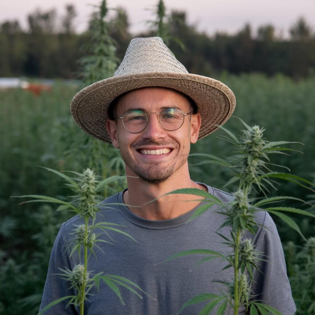 Smiling hemp farmer in Oregon’s Rogue Valley surrounded by organically grown hemp plants.
