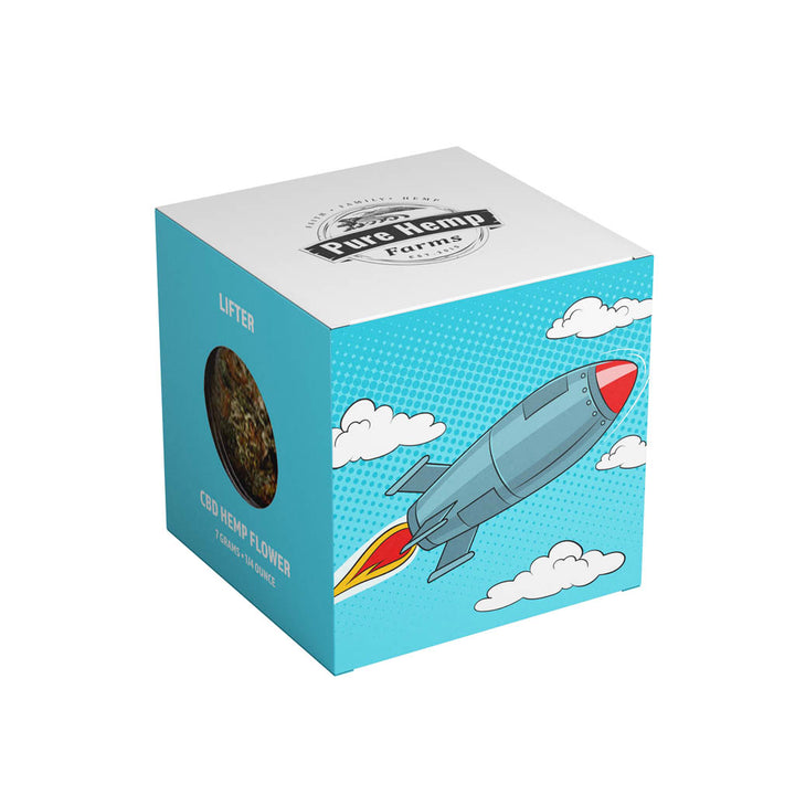 Lifter CBD hemp flower packaging by Pure Hemp Farms featuring a retro rocket illustration on a sky-blue background with clouds, symbolizing uplifting effects.