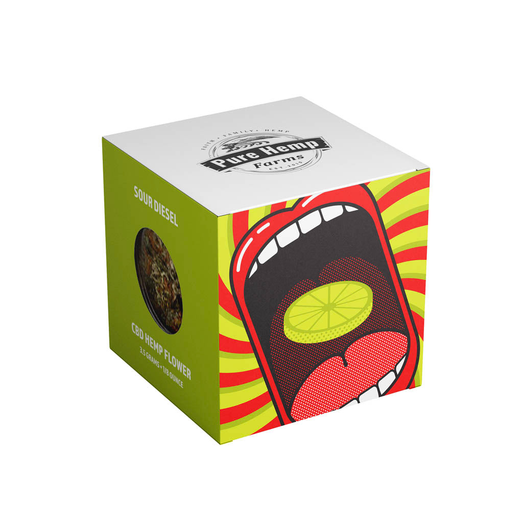 Sour Diesel CBD hemp flower box from Pure Hemp Farms featuring a bold graphic of an open mouth with a lime slice and psychedelic red-yellow background.