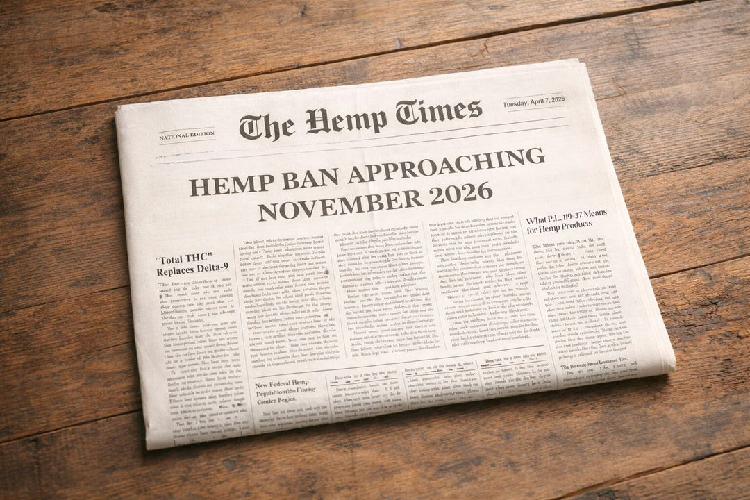 federal total thc limits – fictional newspaper front page explaining November 2026 hemp ban changes under P.L. 119-37
