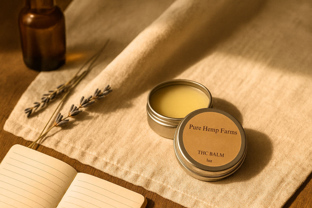 Hemp cream for pain relief by Pure Hemp Farms in a metal tin, organic full-spectrum formula, photographed with lavender and natural light on linen.