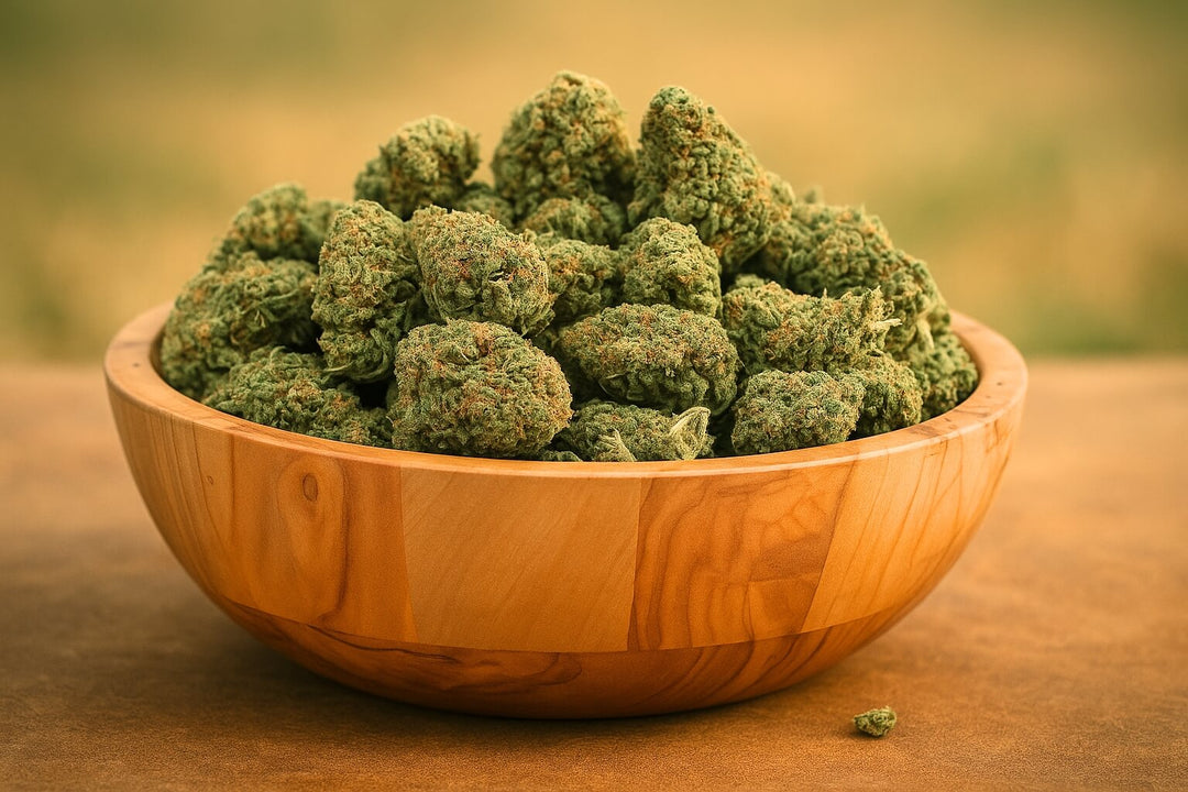 Close up of premium hand trimmed hemp buds in a natural wooden bowl.