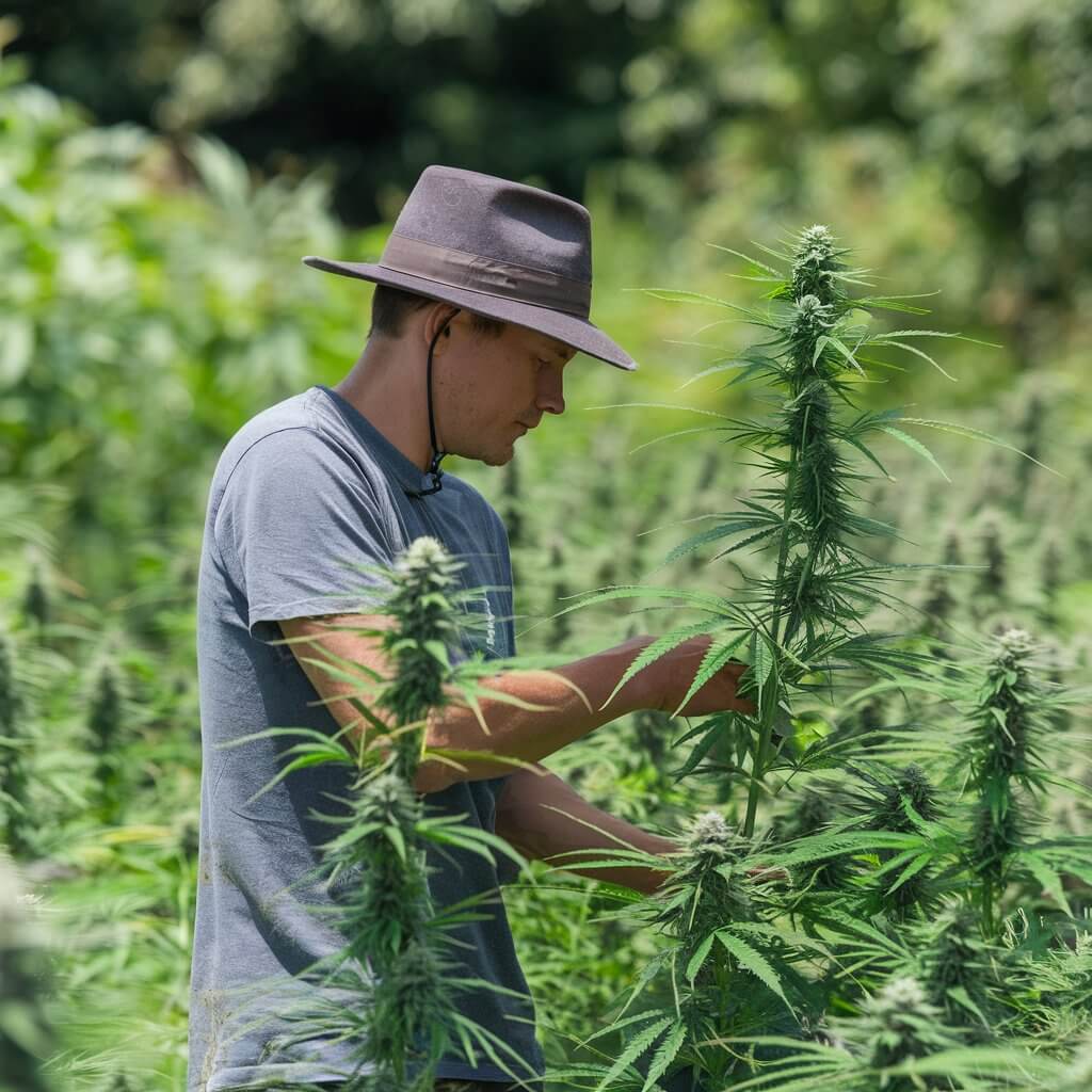 Farmer tending to organically grown hemp plants in a field, highlighting sustainable and hand-trimmed cultivation.