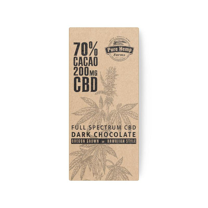 Packaging of a dark chocolate bar with text indicating 70% cacao and 200mg CBD, full spectrum CBD, and the brand Pure Hemp Farms.