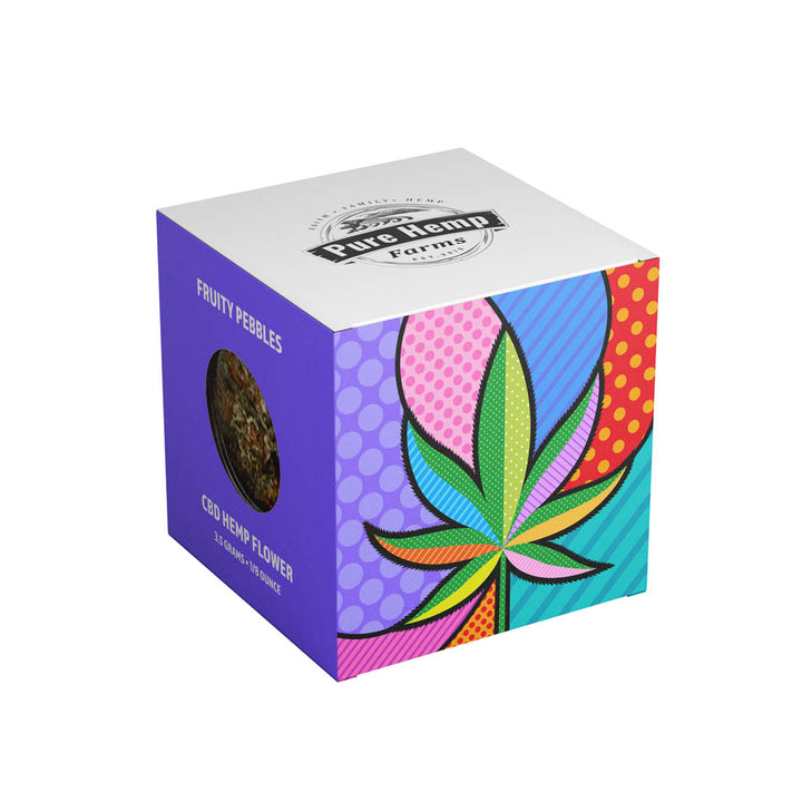 Fruity Pebbles CBD hemp flower packaging by Pure Hemp Farms, featuring bold colors and a playful, fruity design reflecting the strain's tropical flavor profile.